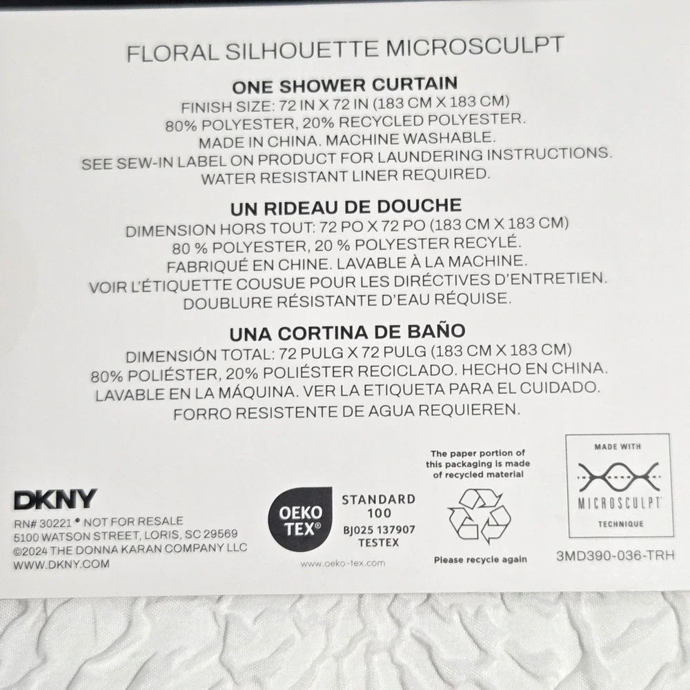 DKNY Floral Silhouette Microsculpt Fabric Shower Curtain White Blue 72x72inch